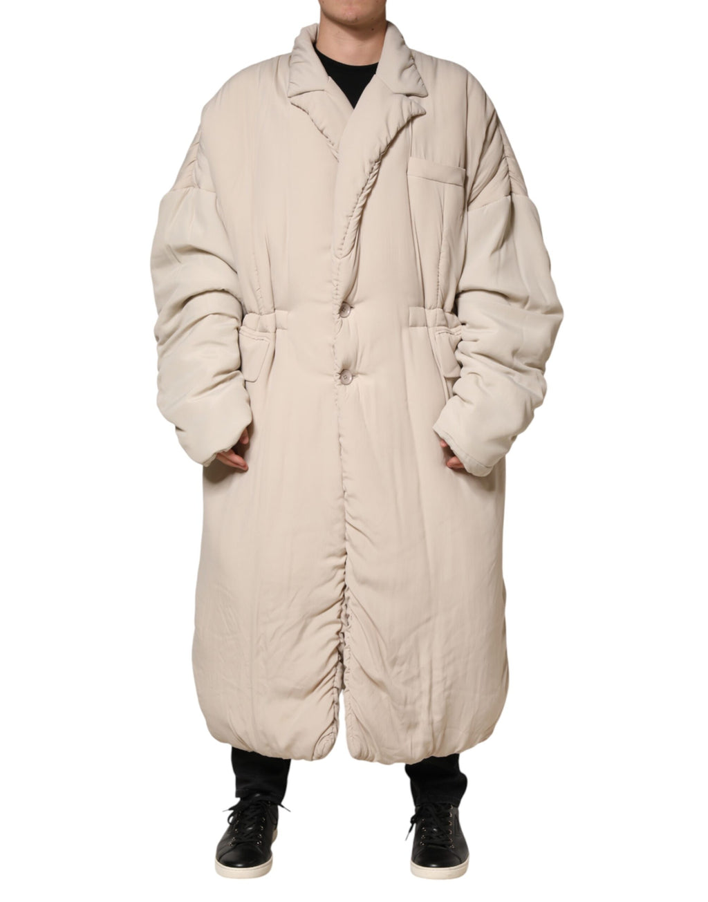 Dolce & Gabbana Beige Padded Collared Long Trench Coat Jacket