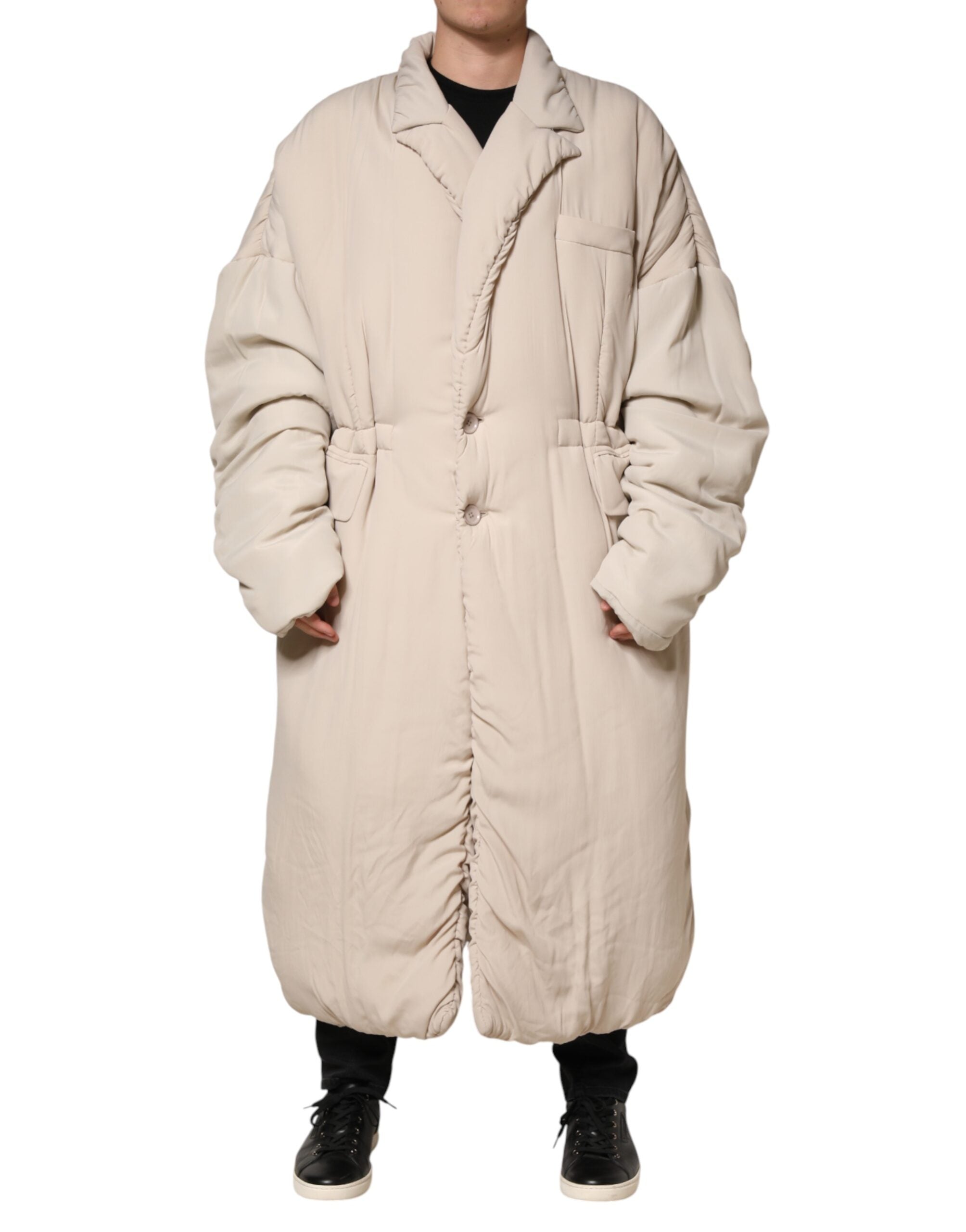 Dolce & Gabbana Beige Padded Collared Long Trench Coat Jacket