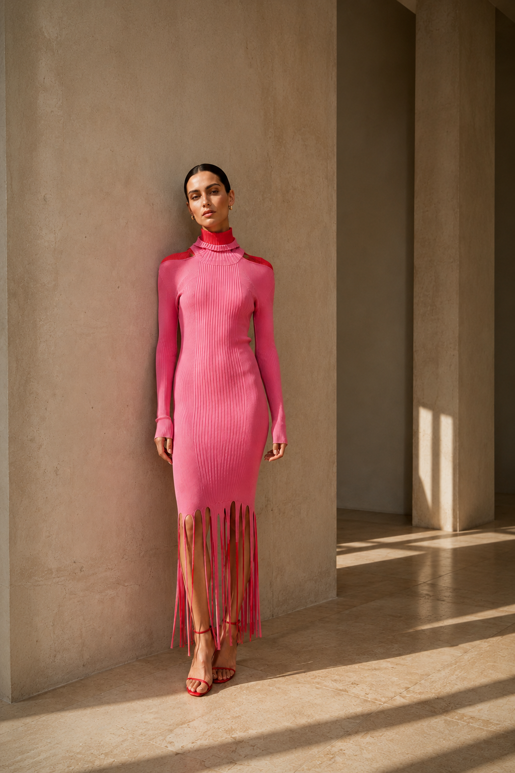 Bottega Veneta Pink & Red Ribbed Knit Fringe Dress