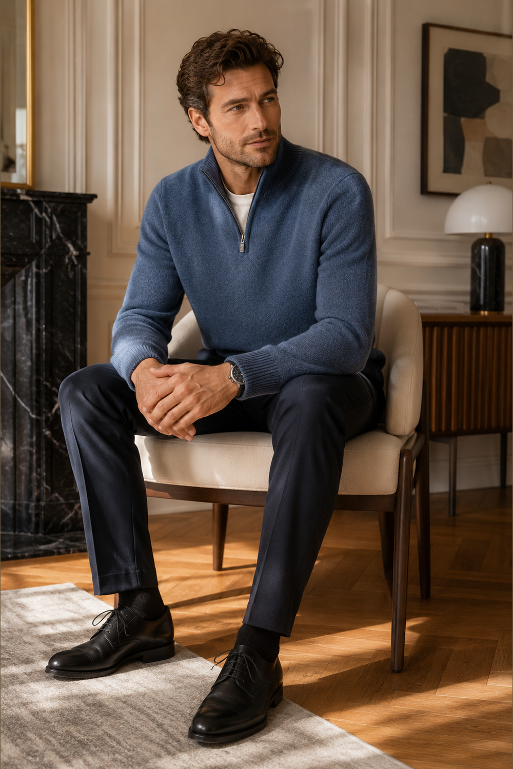 Brunello Cucinelli Blue Cashmere Half-Zip Sweater