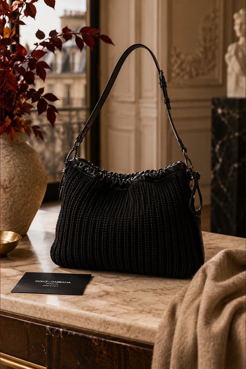 Dolce & Gabbana Black Cashmere & Leather Shoulder Bag