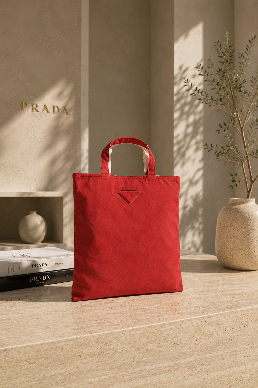 Prada Chic Red and White Fabric Tote Bag